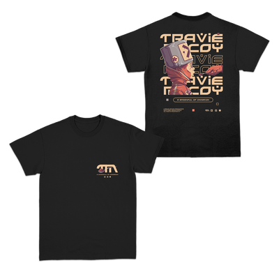 Black tshirt with a small print on the left front chest. The back has the name "Travie McCoy" repeated 3 times, with an illustration of a boy with a bucket on his head being fed a spoonful of cinnamon.